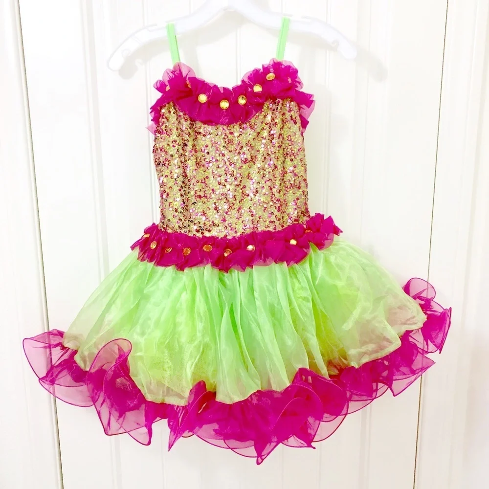 Glamour Fuchsia and Lime Sequin Dance Costume Dress Tutu Ballet Jazz SC Small - Picture 1 of 5